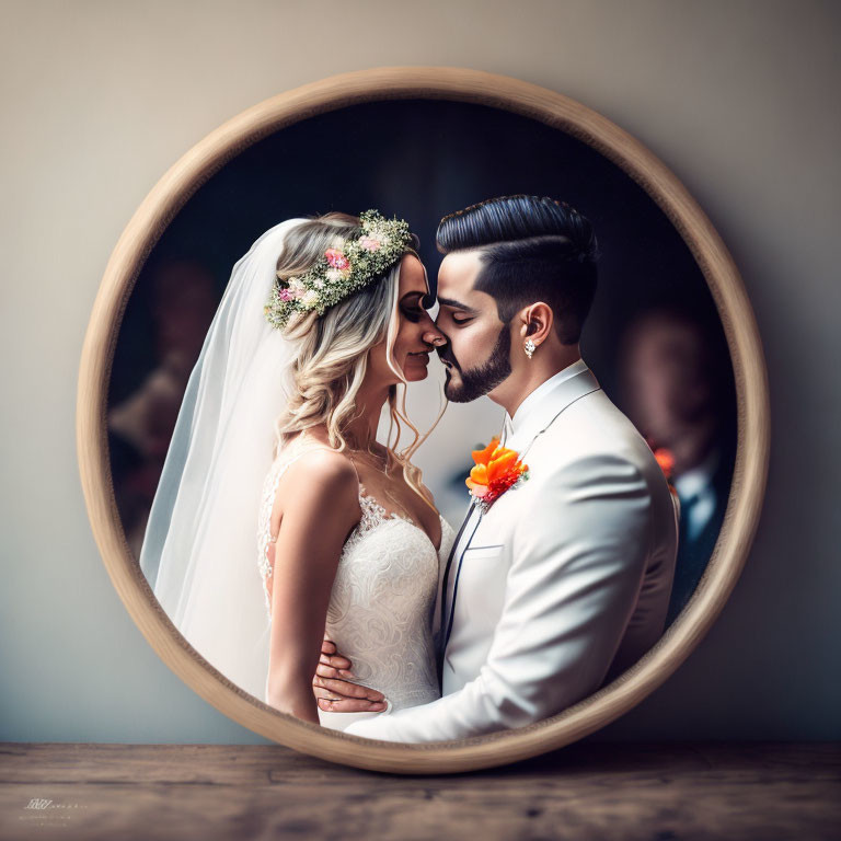 Bride and groom kissing framed by round mirror