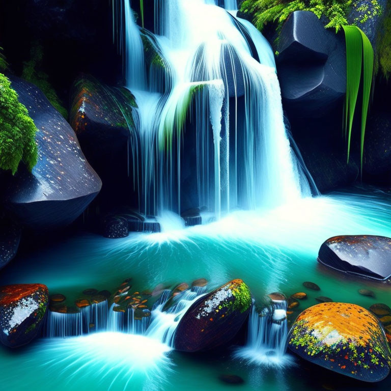 Tranquil forest scene with vibrant blue waterfall