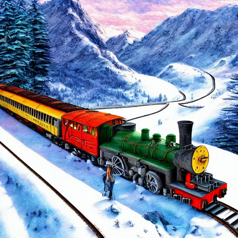 Vintage Green Steam Locomotive Pulls Yellow Carriages in Snowy Mountain Landscape