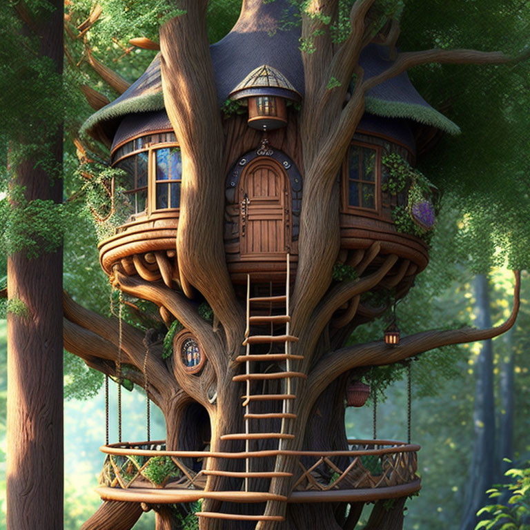 Curved door, round windows, wooden staircase in lush forest