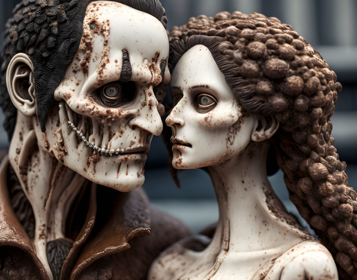 Surreal 3D illustration: Male and female with skeletal facial features in intimate gaze