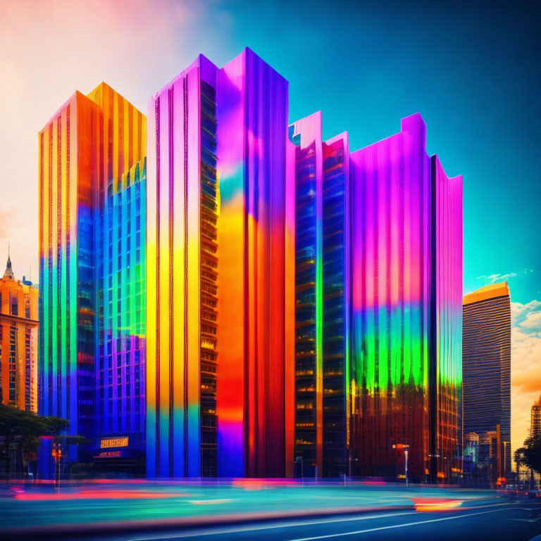 Colorful Rainbow Skyline at Sunset with Blurred Traffic