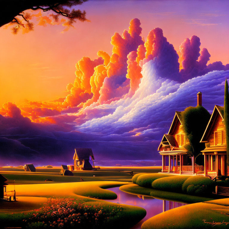 Vivid painting of Victorian house in serene landscape