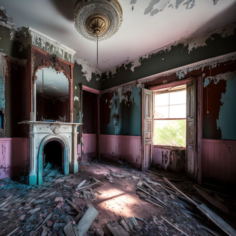 Desolate room with peeling walls, fireplace, broken window, debris, and hanging chandelier.