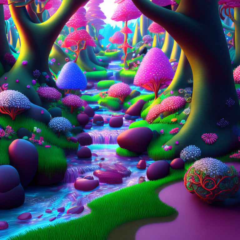 Fantasy forest with neon trees, glowing mushrooms, and sparkling river