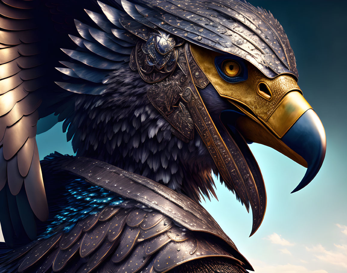 Detailed illustration of majestic eagle with metallic feathers and armor, sharp beak, and golden eye against blue