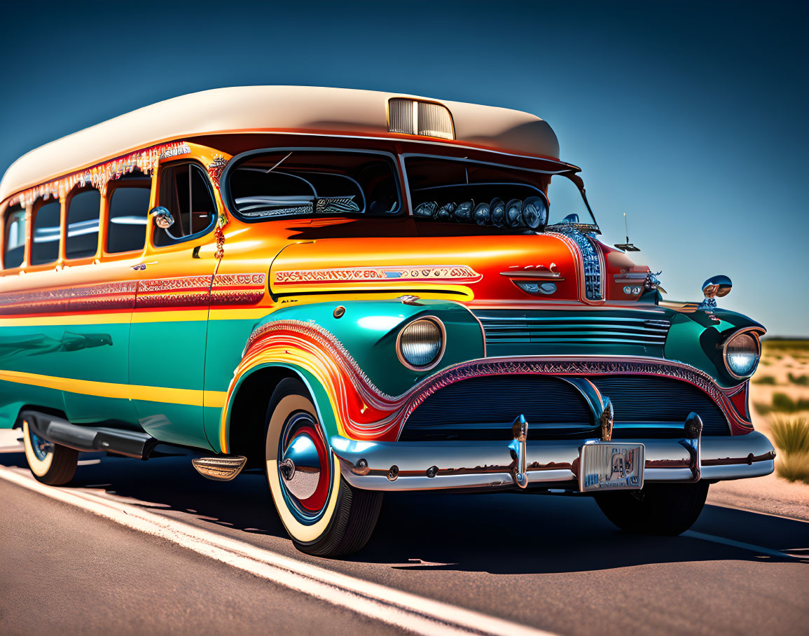 Vintage colorful bus with vibrant stripes and chrome details parked roadside