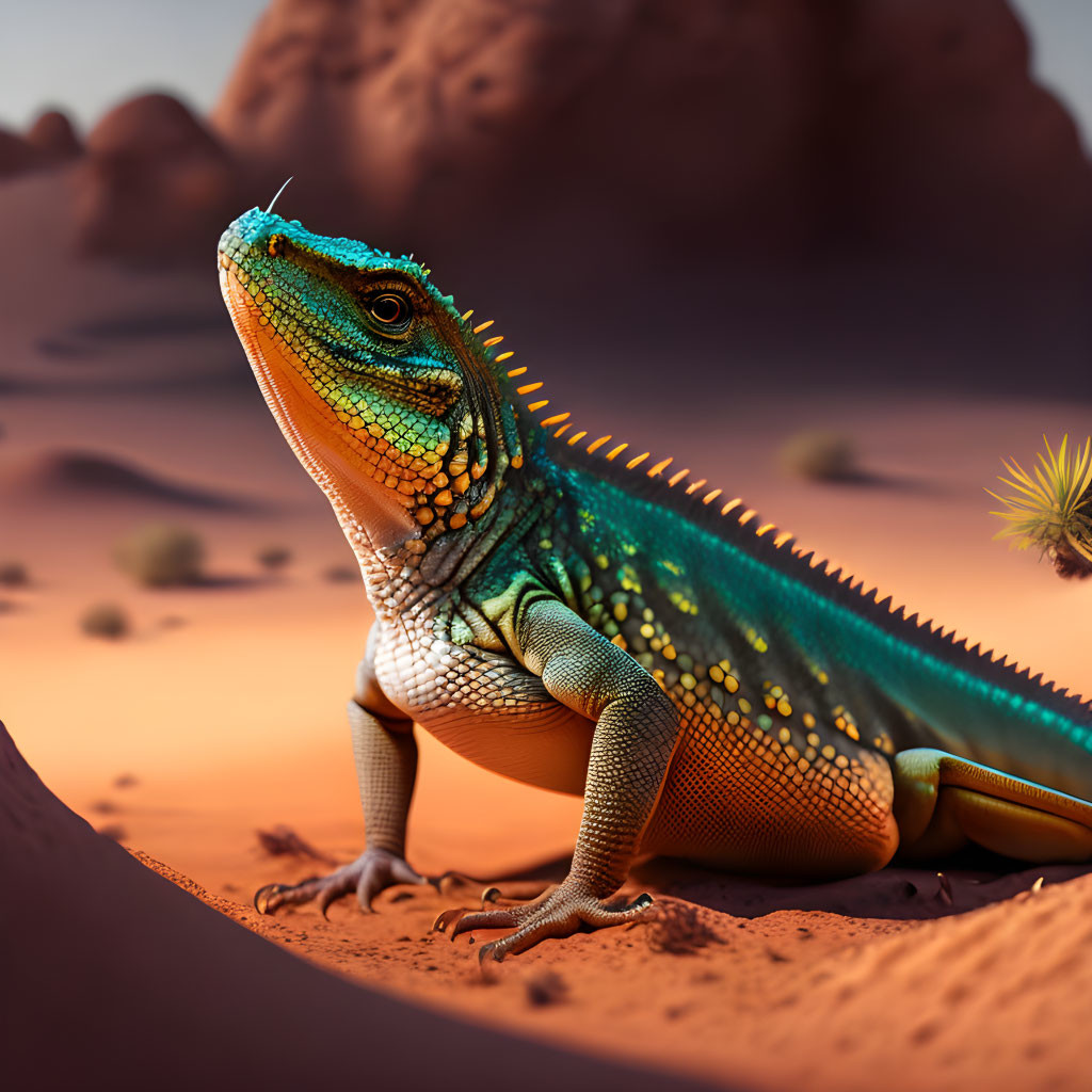 Colorful lizard basking on sandy dune under orange sky