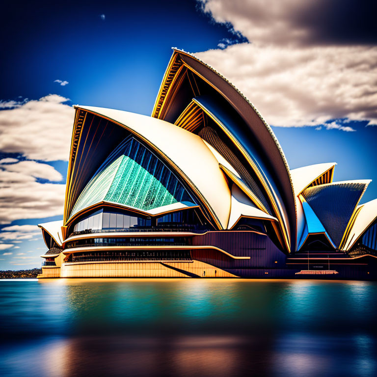 Iconic Sydney Opera House sail-like design against blue sky reflected in tranquil waters