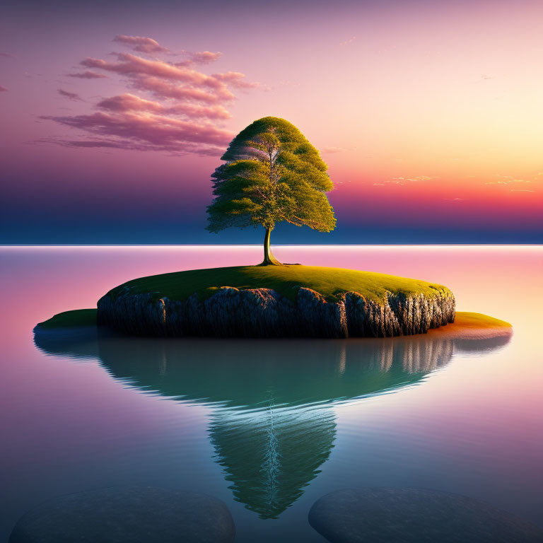 Solitary tree on small island reflecting tranquil sunset colors