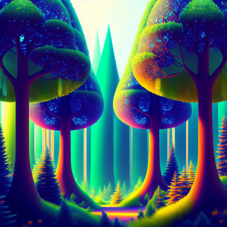 Luminescent forest with glowing trees and surreal spires