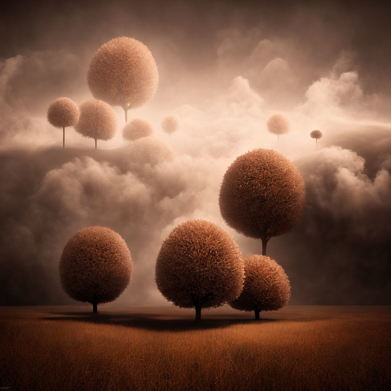 Surreal landscape featuring round-top trees, amber field, and sepia sky