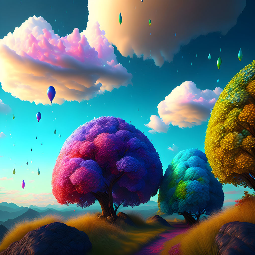 Vibrant trees, surreal sky, floating islands, water droplets, and distant hot air balloons