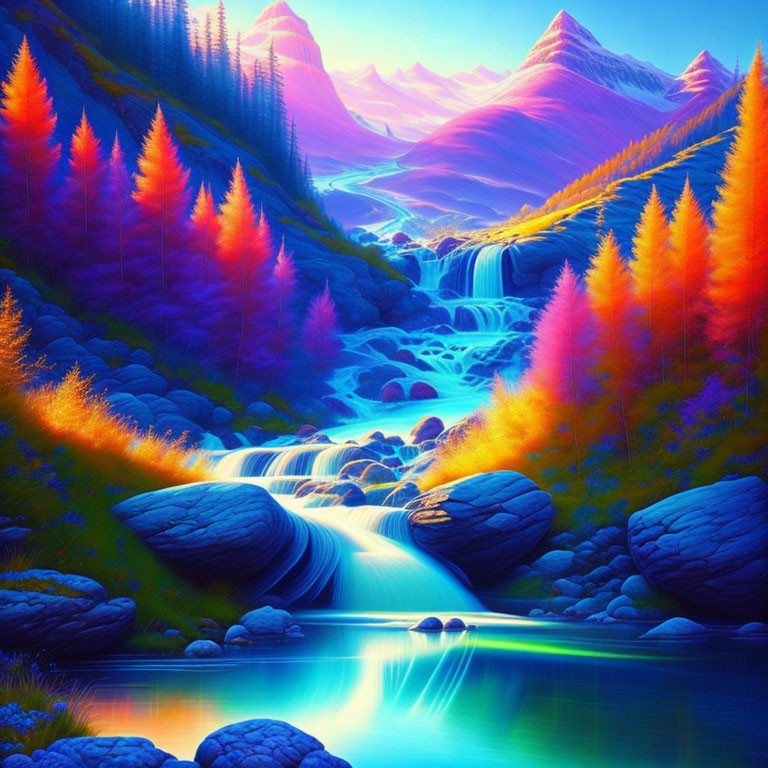 Fantasy landscape digital artwork with colorful trees, waterfalls, and illuminated mountains