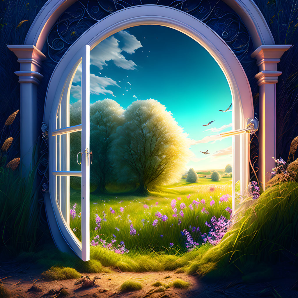 Vibrant fantasy landscape with open door, lush trees, wildflowers, and birds