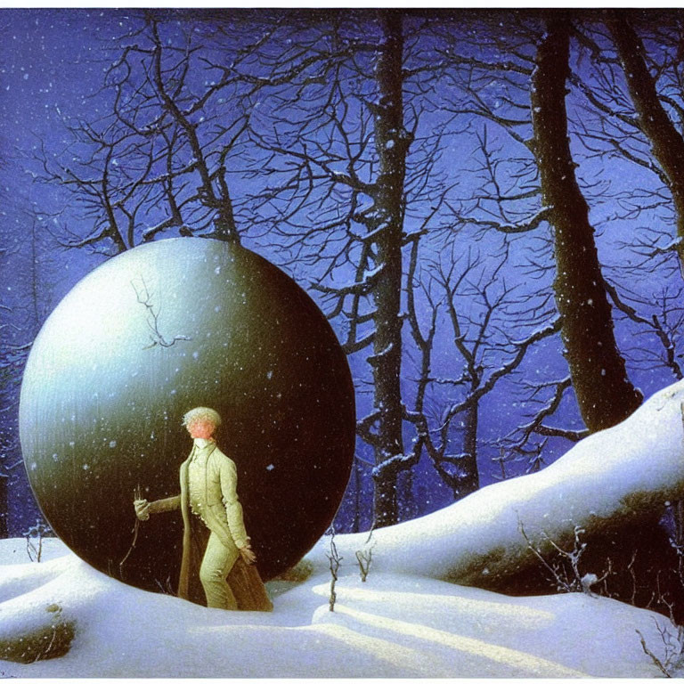 Person in red jacket with shovel by reflective sphere in snowy forest at night