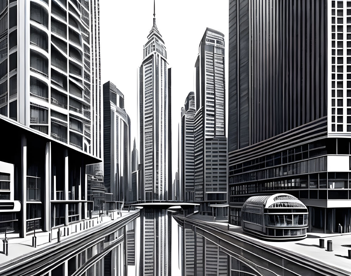 Monochrome cityscape with modern skyscrapers and clear sky