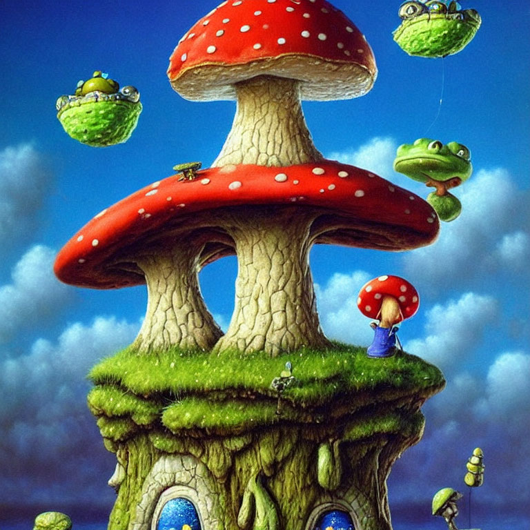 Whimsical tree illustration with green frogs and mushroom caps