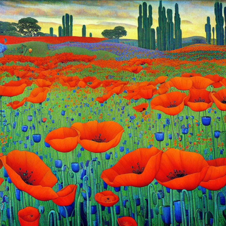 Colorful field of red poppies, blue flowers, green foliage, and cypress trees under blue