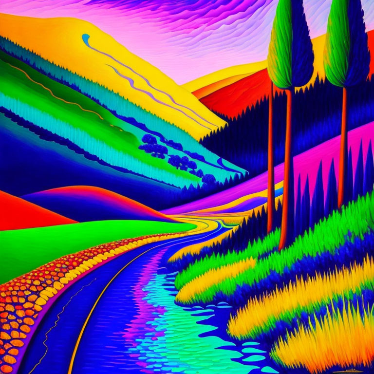 Colorful Psychedelic Landscape with Rolling Hills and River