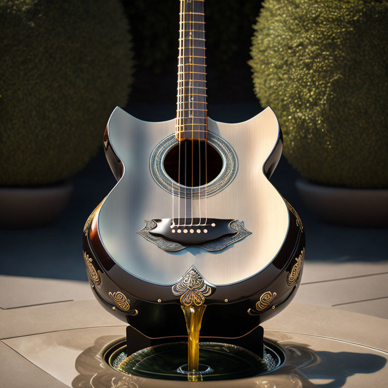 Ornate acoustic guitar on stand in serene outdoor setting