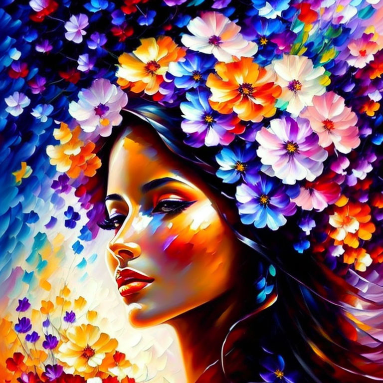 Colorful painting of woman with flowers in hair against floral background