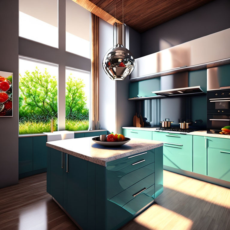 Contemporary kitchen with teal cabinets and stainless steel appliances