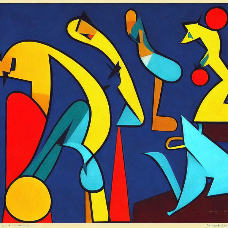 Vibrant abstract painting with geometric shapes and stylized figures in blue, yellow, and red on