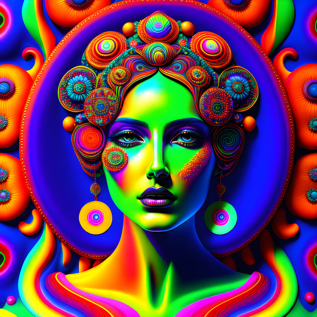 Colorful digital artwork of a woman with psychedelic patterns and headdress