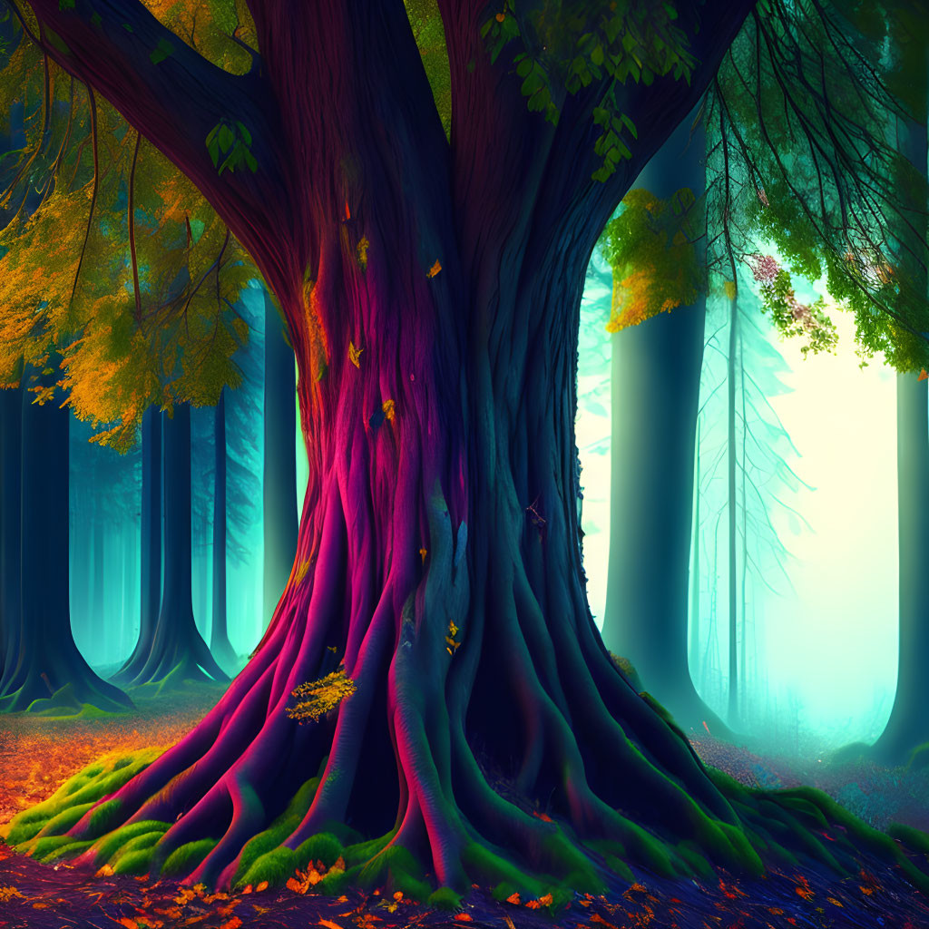 Colorful gradient tree in surreal forest with misty blue woods