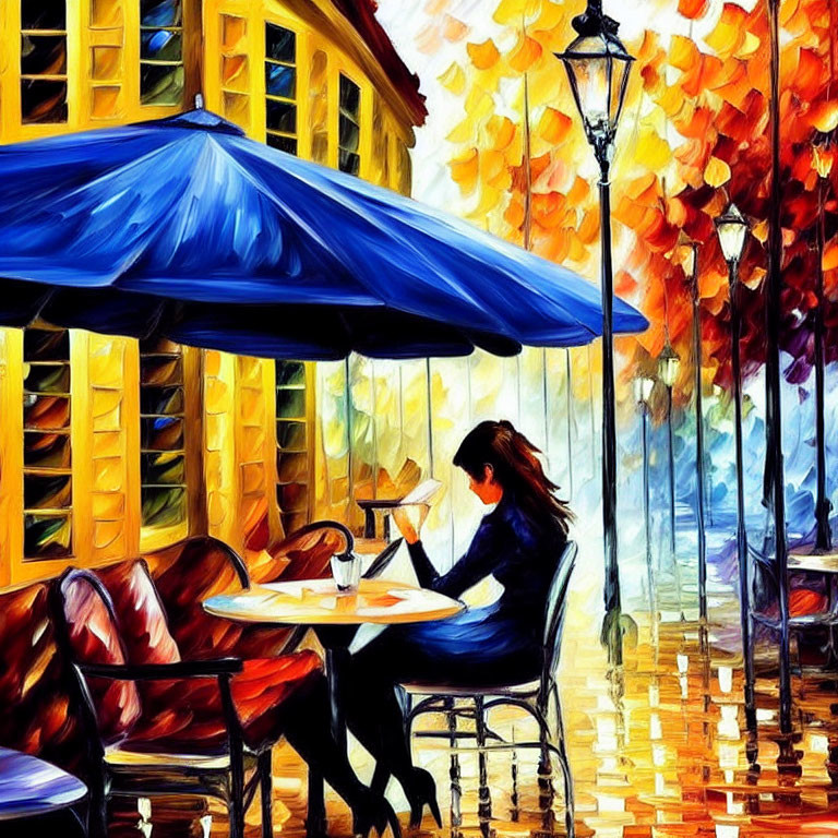 Colorful painting: Woman under blue umbrella at café table with autumn trees & street lamp
