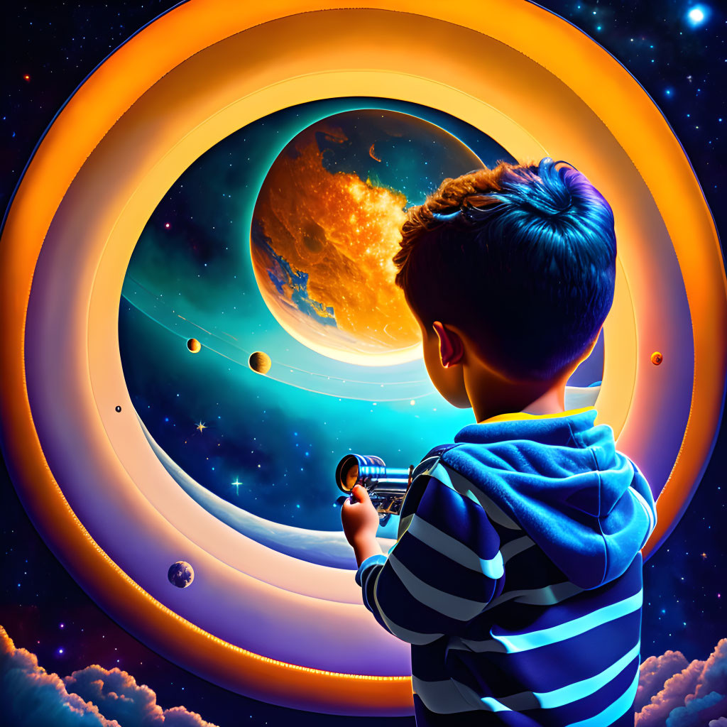 Child admires vibrant cosmos from spaceship window with toy spaceship and glowing nebula.