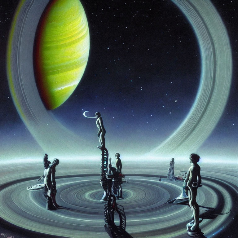 Surreal sci-fi illustration of human figures on ring-like structure