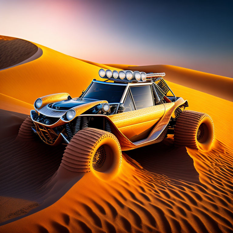 Large-tired dune buggy on desert dunes at golden hour