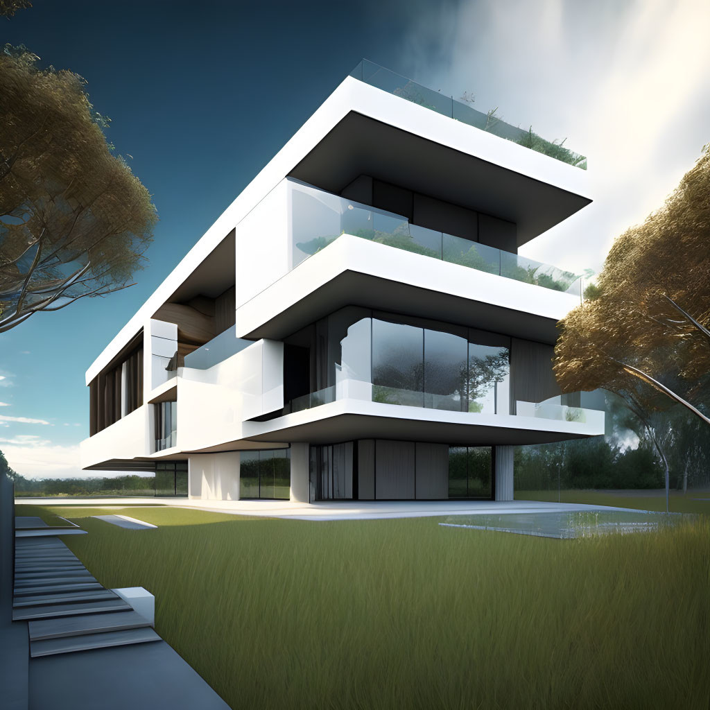 Contemporary multi-level house with large glass windows and white exterior, nestled among trees on a sunny day