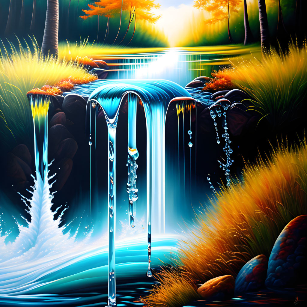 Colorful digital artwork: small waterfall in lush landscape