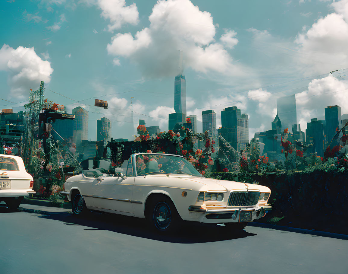 Vintage white convertible car parked on flower-lined road with modern skyscrapers and blue sky.