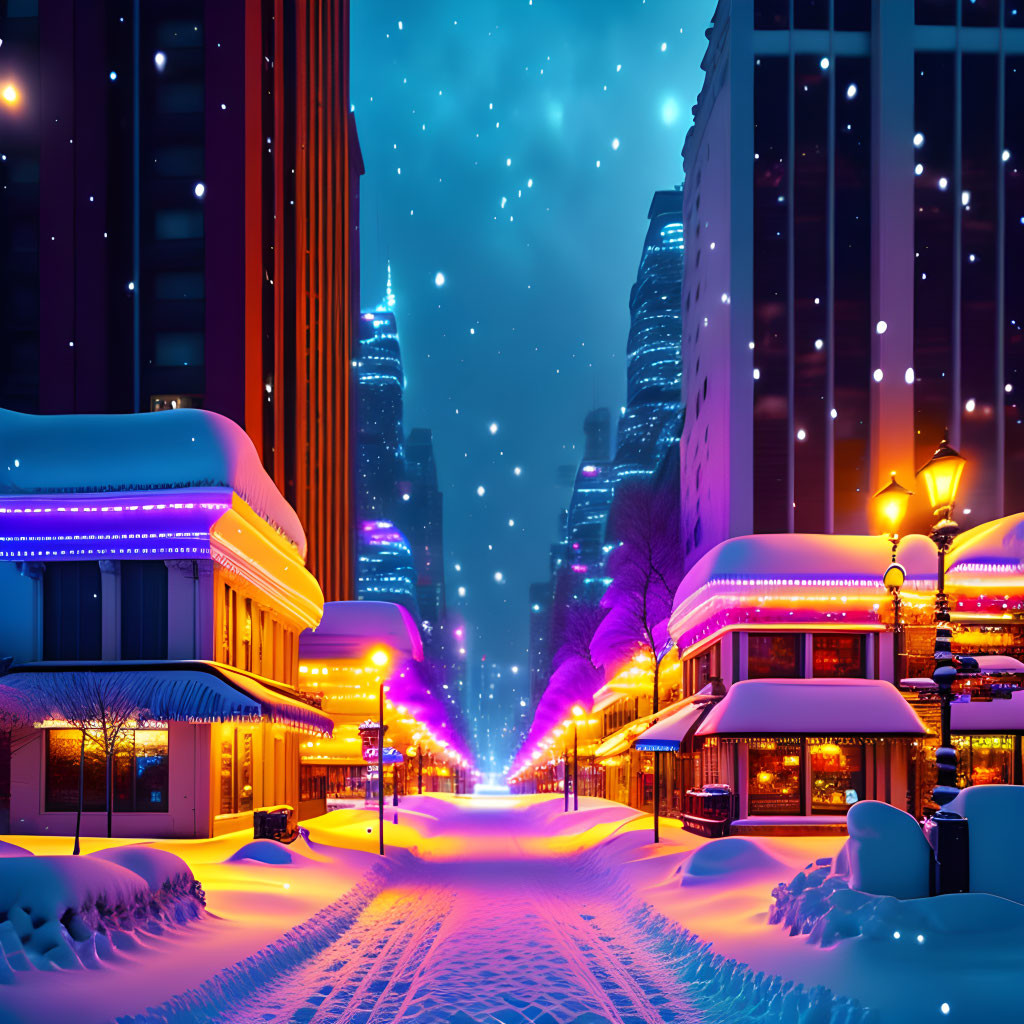 Snow-covered city street at night with neon lights and starlit sky