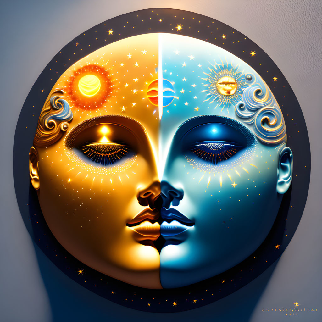 Face Split in Half: Gold Sun & Blue Moon Symbolizing Duality