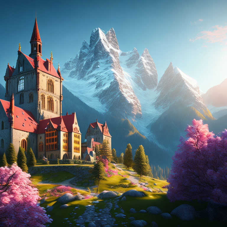 Majestic castle in scenic landscape with pink trees and mountain backdrop