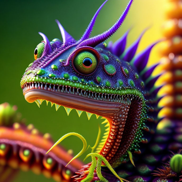 Colorful Fantasy Creature with Purple Spikes and Green Scales