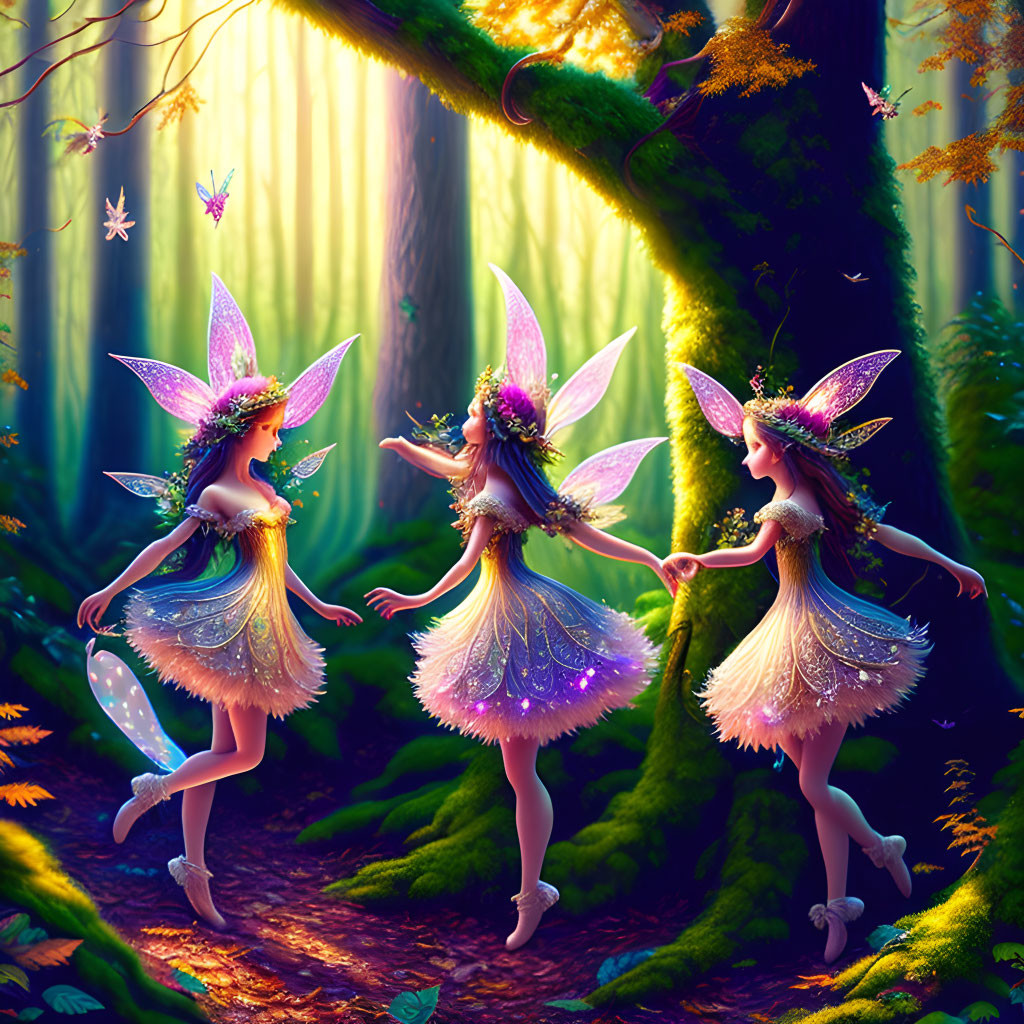 Three glowing-winged fairies in sunlit forest with butterflies.