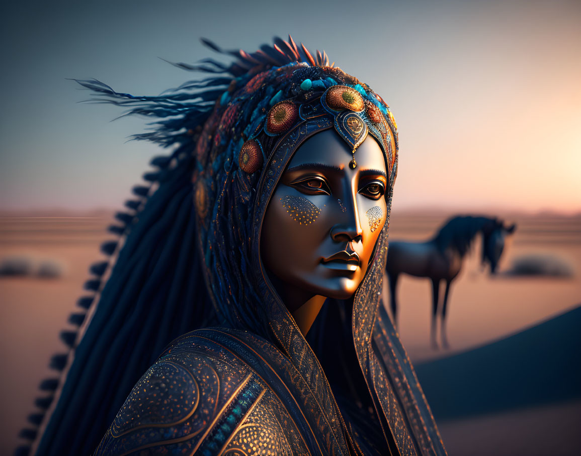 Woman with tribal headgear and face paint beside horse in desert sunset.