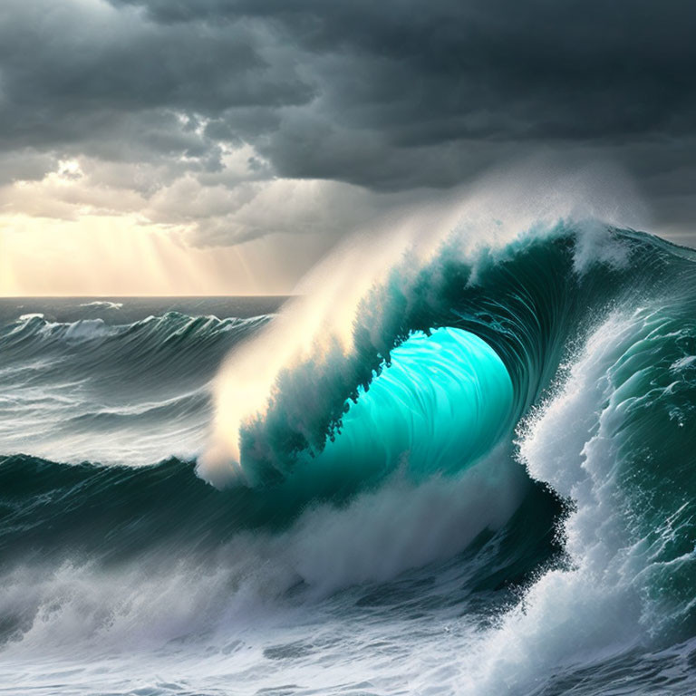 Turquoise hollow ocean wave under dramatic sky