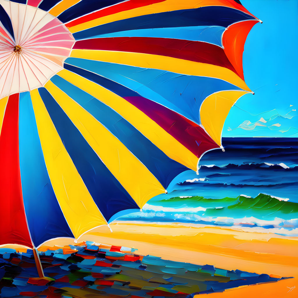 Colorful Beach Scene Painting with Striped Umbrella and Textured Waves