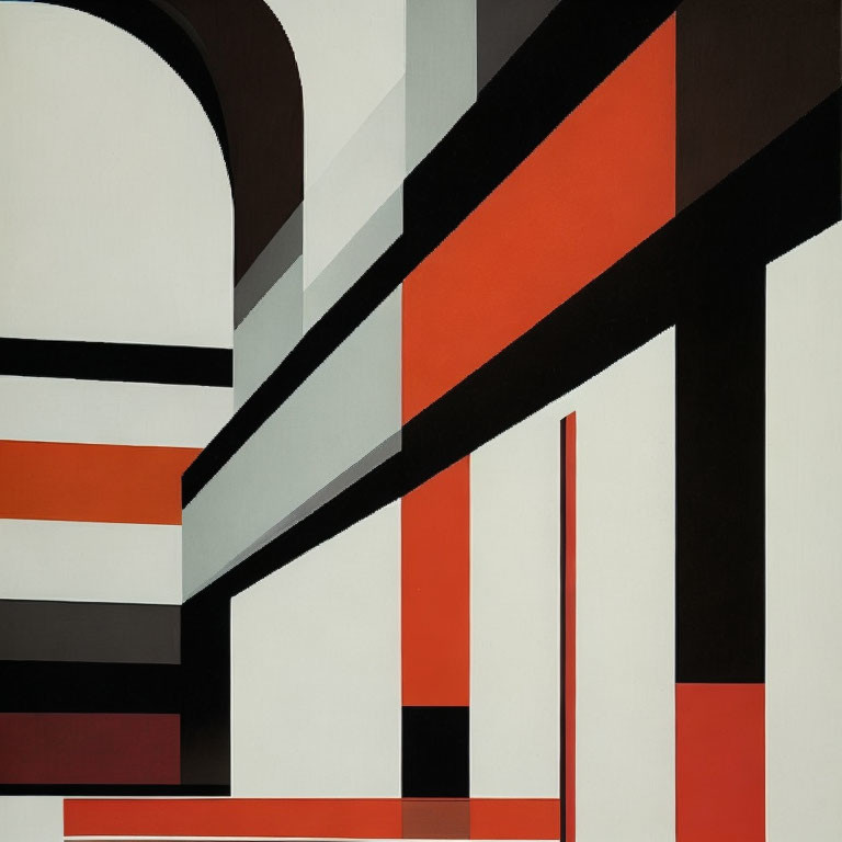 Geometric Abstract Art: Interlocking Shapes in Black, White, Red, and Beige