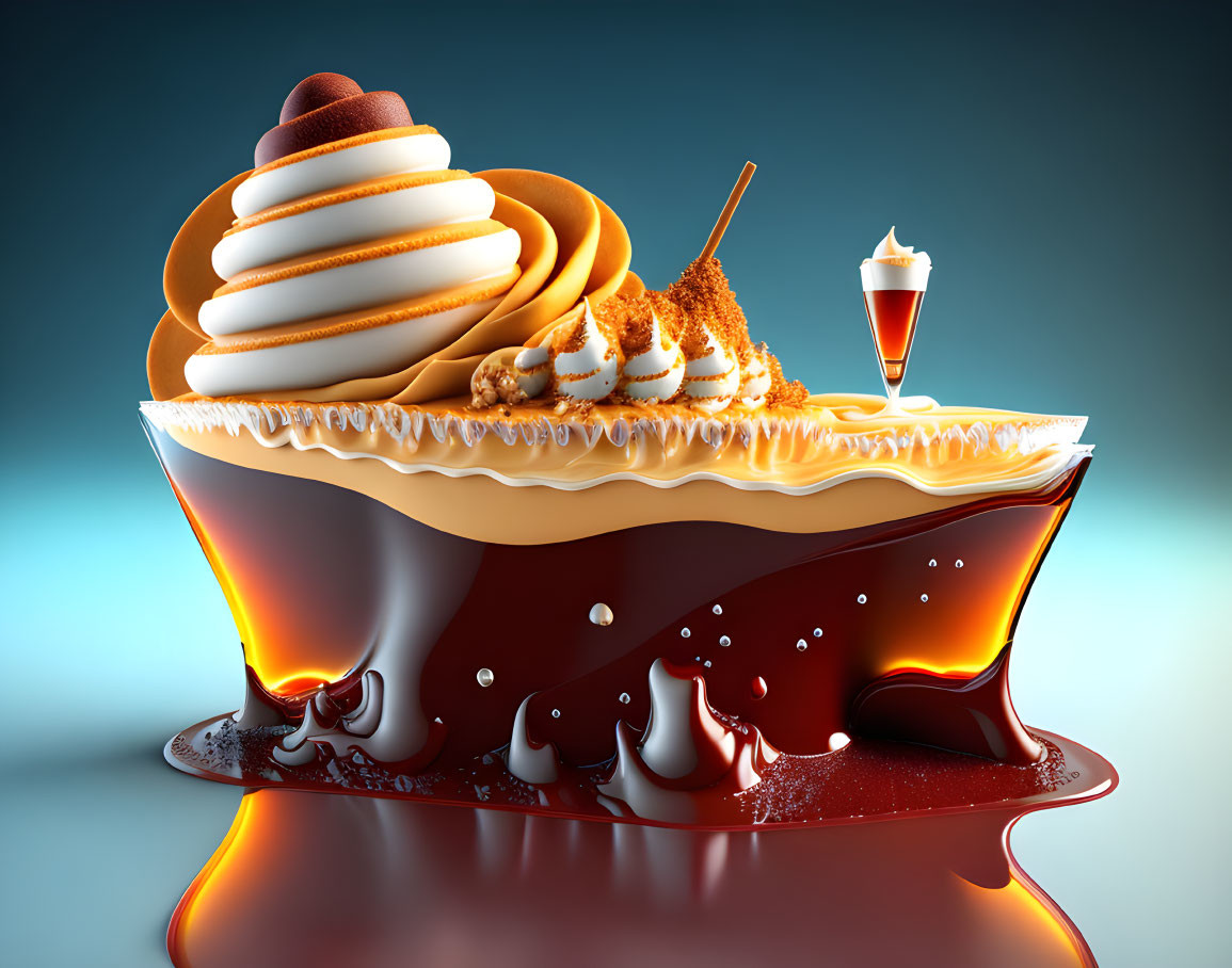 Stylized digital image of layered dessert with caramel, nuts, chocolate stick, and drink