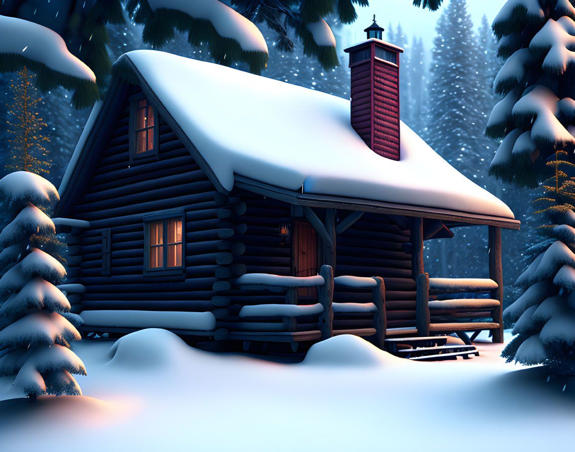 Snowy log cabin in twilight surrounded by pine trees