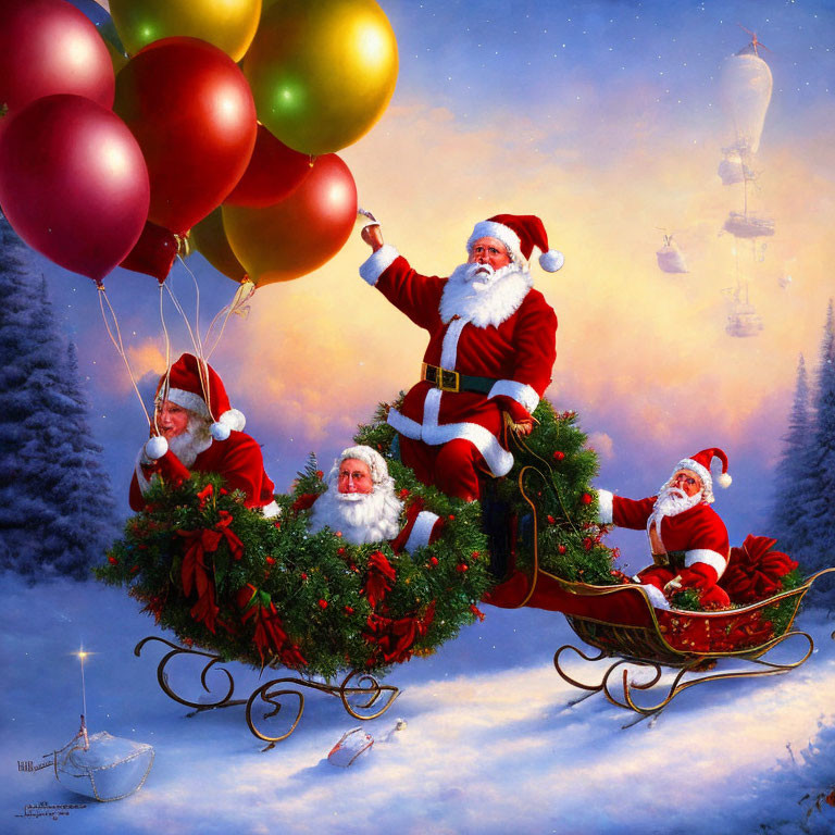 Festive Santa Claus scene with balloons and flying sleighs in snowy landscape