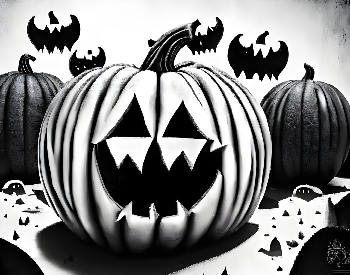 Monochrome Halloween scene with carved pumpkin, smaller pumpkins, and ghostly figures